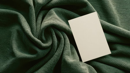 Blank card on green satin fabric background. Toned.の素材