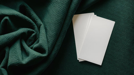 Blank business cards on green fabric background. Mockup for branding identity.の素材