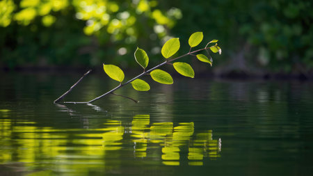 Branch with green leaves reflected in the water. Natural background.の素材