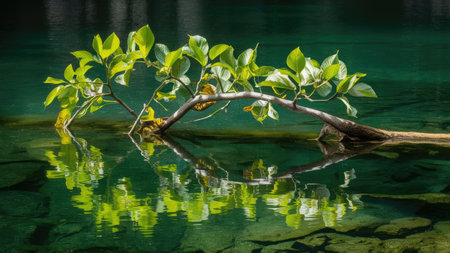 Green tree on the bank of a mountain lake with reflection in waterの素材
