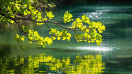 Green leaves on a tree in the forest reflected in the lake.の素材