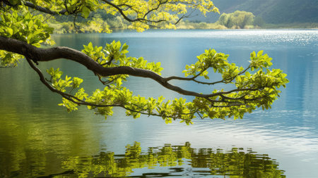 Tree branch with green leaves on the lake shore. Beautiful summer landscape.の素材