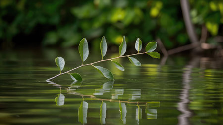 green leaves on the water with reflection on the surface of the waterの素材