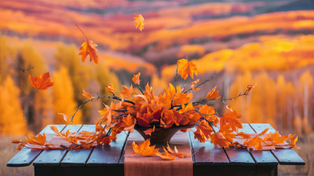 Bouquet of autumn leaves on a wooden table in the autumn forestの素材