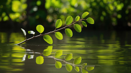 Green leaf on the water surface with reflection in the water, nature backgroundの素材