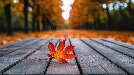 Autumn maple leaf on a wooden table in the park. Autumn backgroundの素材