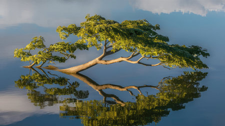 Bonsai tree reflected in the lake with reflection in the waterの素材