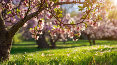 Blooming cherry tree in spring garden. Beautiful nature scene with blooming tree.の素材