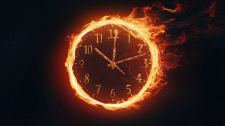 Time concept. Clock burning in fire on black background. 3D renderingの素材