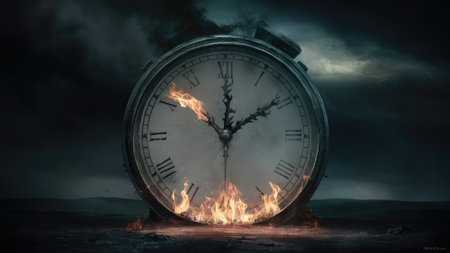 Time is running out concept. Clock with fire and smoke on dark backgroundの素材