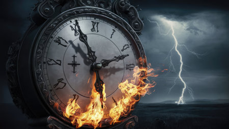 Time concept with burning clock and lightning. 3D Rendering.の素材