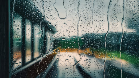 Raindrops on the window of a train. Rainy weather.の素材