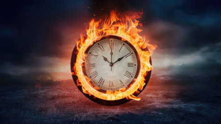 Time passing concept with clock burning in the middle of the field.の素材