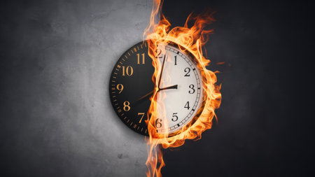 Time concept with clock burning in fire on dark background. 3d renderingの素材