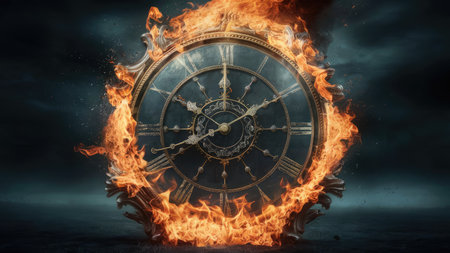 Time concept. Clock face burning in fire. 3D rendering.の素材
