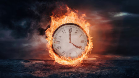 Conceptual image of burning clock against dark background. Time conceptの素材