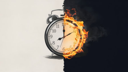 Time is running out concept. Clock burning in fire on white backgroundの素材