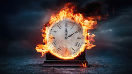 Time is running out concept. Clock burning in fire. 3D renderingの素材