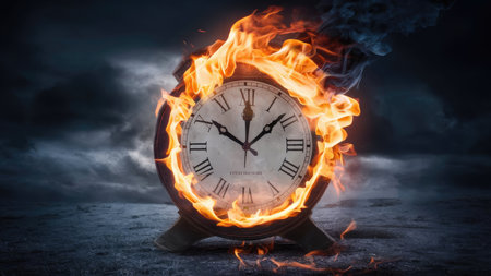Time concept. Clock burning in fire on dark background. 3d renderingの素材