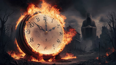 Old clock burning in the forest, time is running out concept.の素材