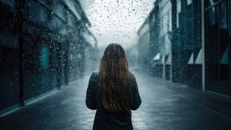 Young woman with long hair standing in the rain. Rainy dayの素材