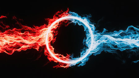 Circle of blue and red smoke isolated on black background. Abstract backgroundの素材