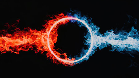 Abstract image of a circle of red and blue smoke on a black backgroundの素材