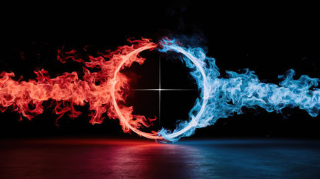 Circle of fire on a black background. 3d rendering.の素材