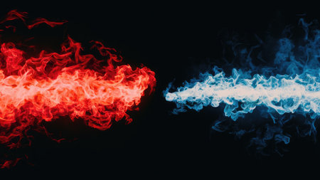 Red and blue flames of fire on a black background. Background from the smoke of vapeの素材