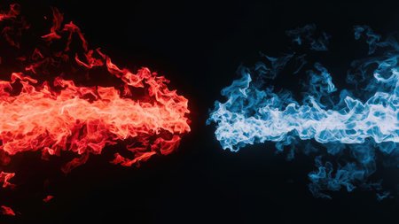 Red and blue flames of fire on a black background. Abstract backgroundの素材