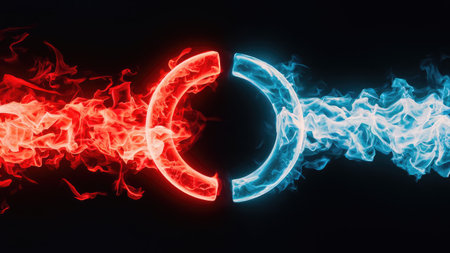 Red and blue fire on a black background. 3d rendering.の素材