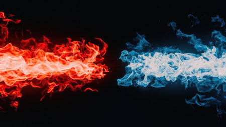 red and blue flames of a vape on a black background close upの素材
