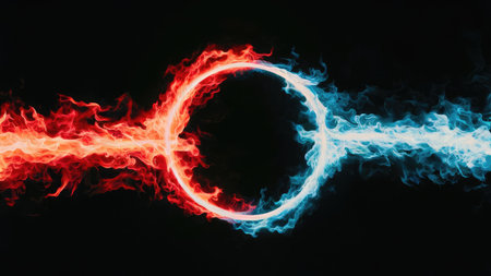Red and blue smoke in the shape of a circle on a black backgroundの素材