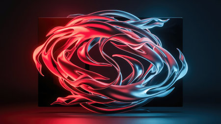 3d rendering of abstract red and blue waves on a black backgroundの素材
