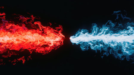 Red and blue flames of vape on a black background. Copy space.の素材