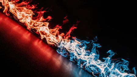 Red and blue flames of fire on a black background. Copy space.の素材