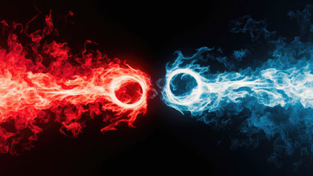 Abstract red and blue flames on a black background. Copy space.の素材