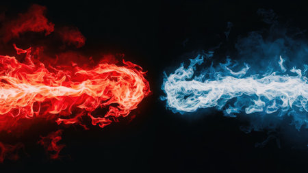 Red and blue fire flames on a black background. Background from the smoke of vapeの素材