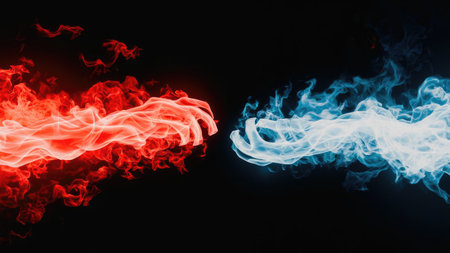 Red and blue smoke isolated on black background. Abstract background for design.の素材
