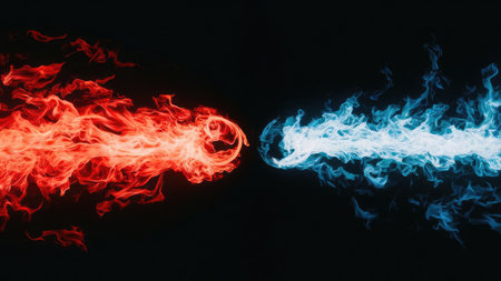 Red and blue flames of vape on a black background. Copy space.の素材
