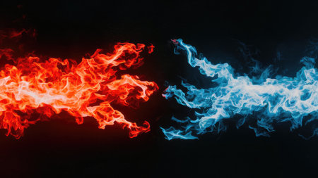 Fire flames isolated on black background. Abstract background of red and blue fire flamesの素材