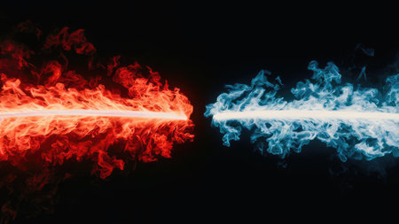 Red and blue smoke isolated on black background. Abstract smoke background.の素材