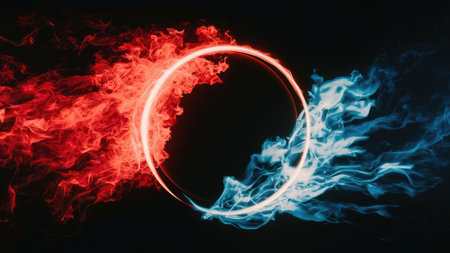 Abstract image of a round frame with a red smoke on a black backgroundの素材