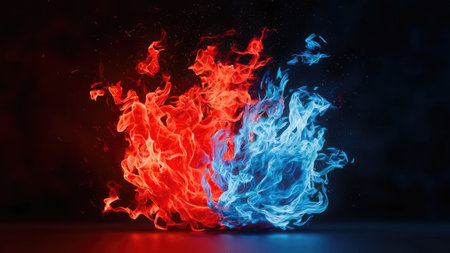 Red and blue flames of fire on a black background. Abstract backgroundの素材
