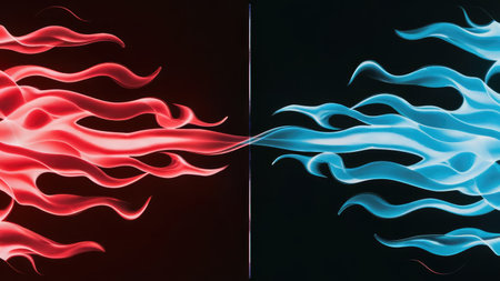 Blue and red fire flames on a black background. Vector illustration.の素材