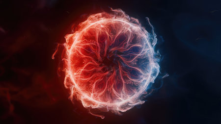 Abstract image of a plasma ball in red and blue smoke against a dark backgroundの素材