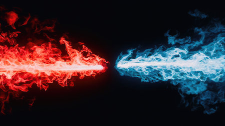 Red and blue smoke on a black background. The concept of the fight against evil.の素材