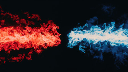 Red and blue flames of fire on a black background. Background from the smoke of vapeの素材