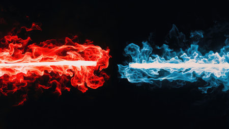 Red and blue smoke on a black background. Abstract background for design.の素材