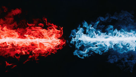 Red and blue smoke on a black background. Background from the smoke of vapeの素材